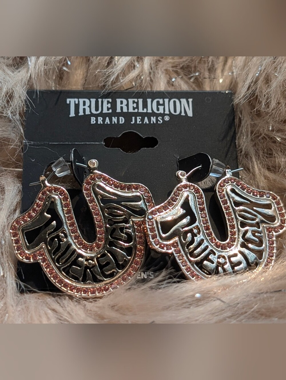 True Religion Women's Pink Crystal Horseshoe Logo Earrings